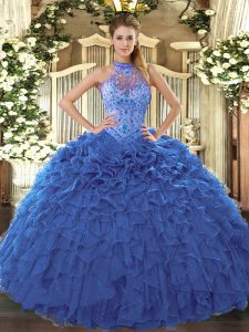 Smart Beading and Embroidery and Ruffles Vestidos de Quinceanera Blue Lace Up Sleeveless Floor Length