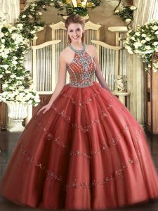 New Style Wine Red Tulle Lace Up Halter Top Sleeveless Floor Length Sweet 16 Quinceanera Dress Beading and Appliques