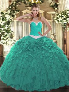 Fitting Sleeveless Lace Up Floor Length Appliques and Ruffles 15 Quinceanera Dress