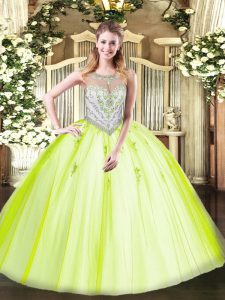 Elegant Yellow Green Quinceanera Gowns Military Ball and Sweet 16 and Quinceanera with Beading and Appliques Scoop Sleeveless Zipper