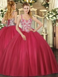 Charming Sleeveless Tulle Floor Length Lace Up Sweet 16 Quinceanera Dress in Coral Red with Beading and Appliques