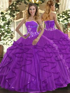 Romantic Floor Length Lace Up Quinceanera Gown Purple for Military Ball and Sweet 16 and Quinceanera with Beading and Ruffles