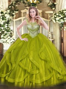 Sexy Olive Green Ball Gowns Scoop Sleeveless Tulle Floor Length Lace Up Beading 15th Birthday Dress