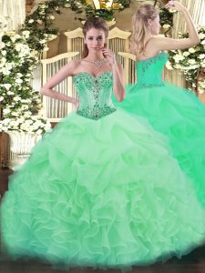 Fantastic Apple Green Organza Lace Up Sweet 16 Quinceanera Dress Sleeveless Floor Length Beading and Ruffles and Pick Ups