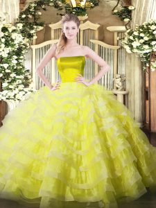  Yellow Sleeveless Floor Length Ruffled Layers Zipper 15 Quinceanera Dress