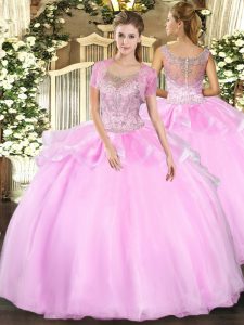  Ball Gowns Sweet 16 Quinceanera Dress Baby Pink Scoop Tulle Sleeveless Floor Length Clasp Handle