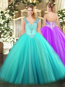 Dynamic Floor Length Lace Up Quinceanera Dress Aqua Blue for Military Ball and Sweet 16 and Quinceanera with Beading
