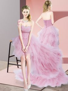 Unique Baby Pink Lace Up Prom Party Dress Beading Sleeveless High Low