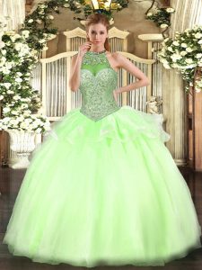  Yellow Green Tulle Lace Up Ball Gown Prom Dress Sleeveless Floor Length Beading