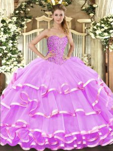High Quality Organza Sweetheart Sleeveless Lace Up Beading and Ruffled Layers 15th Birthday Dress in Lilac