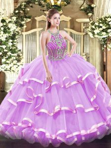 Sophisticated Lilac Lace Up Ball Gown Prom Dress Beading and Ruffled Layers Sleeveless Floor Length