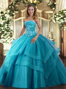 Shining Teal Tulle Lace Up Strapless Sleeveless Floor Length Sweet 16 Dresses Beading and Ruffled Layers