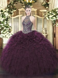 Customized Sleeveless Floor Length Beading and Ruffles Lace Up Vestidos de Quinceanera with Dark Purple