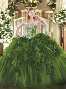  Olive Green Strapless Neckline Beading and Ruffles Quinceanera Dress Sleeveless Lace Up
