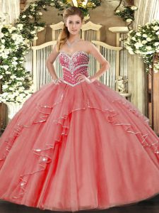  Sweetheart Sleeveless Quince Ball Gowns Floor Length Beading and Ruffles Coral Red Tulle