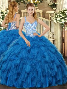  Organza Straps Sleeveless Lace Up Beading and Ruffles 15 Quinceanera Dress in Blue