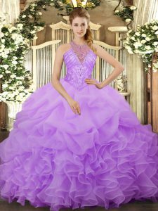 Sexy Organza Halter Top Sleeveless Lace Up Beading and Ruffles and Pick Ups Sweet 16 Quinceanera Dress in Lavender