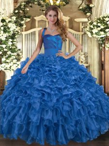  Blue Lace Up Ball Gown Prom Dress Ruffles Sleeveless Floor Length