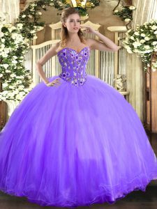 Fitting Lavender Sleeveless Floor Length Embroidery Lace Up Quince Ball Gowns