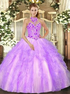 Glorious Lilac Sleeveless Floor Length Embroidery Lace Up Quince Ball Gowns