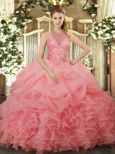  Organza Halter Top Sleeveless Lace Up Beading and Ruffles and Pick Ups Quince Ball Gowns in Watermelon Red