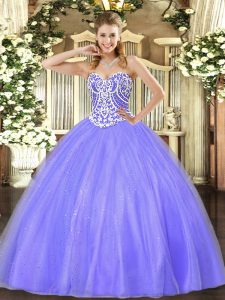 Fantastic Sleeveless Tulle Floor Length Lace Up Quinceanera Dress in Lavender with Beading