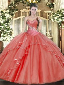 Super Coral Red Tulle Lace Up Sweetheart Sleeveless Floor Length Sweet 16 Dress Beading and Ruffled Layers