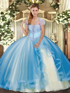  Floor Length Baby Blue Quinceanera Gowns Tulle Sleeveless Appliques and Ruffles