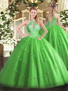 Perfect Quince Ball Gowns Military Ball and Sweet 16 and Quinceanera with Beading Halter Top Sleeveless Lace Up