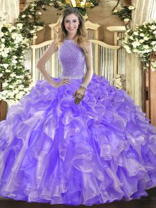  High-neck Sleeveless Lace Up 15th Birthday Dress Lavender Organza