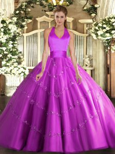 Most Popular Ball Gowns Quince Ball Gowns Fuchsia Halter Top Tulle Sleeveless Floor Length Lace Up