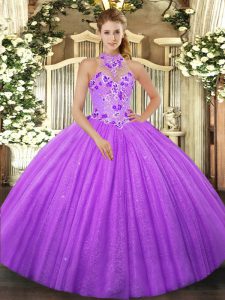 Best Ball Gowns 15th Birthday Dress Lavender Halter Top Tulle Sleeveless Floor Length Lace Up