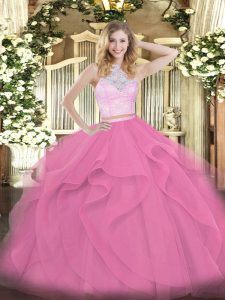  Rose Pink Sleeveless Floor Length Lace and Ruffles Zipper Quinceanera Gowns