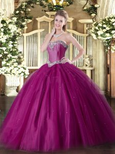  Fuchsia Ball Gowns Tulle Sweetheart Sleeveless Beading Floor Length Lace Up Sweet 16 Quinceanera Dress