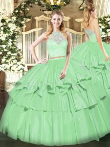 High End Scoop Sleeveless Zipper Quince Ball Gowns Apple Green Organza