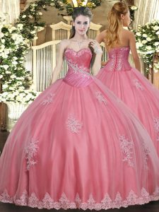 Extravagant Floor Length Watermelon Red Sweet 16 Dresses Tulle Sleeveless Beading and Appliques