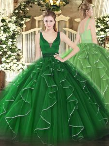 Edgy Floor Length Zipper Quinceanera Dress Green for Military Ball and Sweet 16 and Quinceanera with Beading and Ruffles