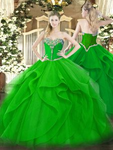 Amazing Green Ball Gowns Sweetheart Sleeveless Tulle Floor Length Lace Up Beading and Ruffles Sweet 16 Dresses