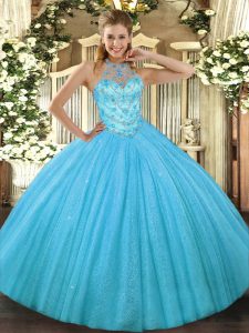  Halter Top Sleeveless Quinceanera Gowns Floor Length Beading and Embroidery Aqua Blue Tulle