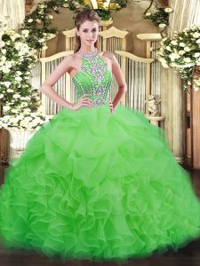 New Style Ball Gowns Tulle Halter Top Sleeveless Beading and Ruffles Floor Length Lace Up Quinceanera Dresses