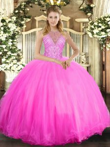 Customized Rose Pink Ball Gown Prom Dress Military Ball and Sweet 16 and Quinceanera with Beading Halter Top Sleeveless Lace Up