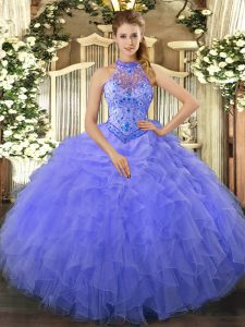 Beauteous Floor Length Blue Sweet 16 Dresses Halter Top Sleeveless Lace Up