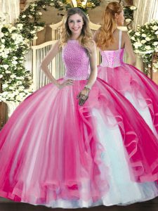 Superior Hot Pink Ball Gowns High-neck Sleeveless Tulle Floor Length Lace Up Beading and Ruffles Quinceanera Gown