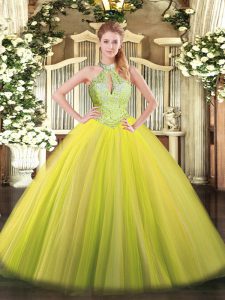 Elegant Yellow Green Sleeveless Tulle Lace Up Vestidos de Quinceanera for Military Ball and Sweet 16 and Quinceanera