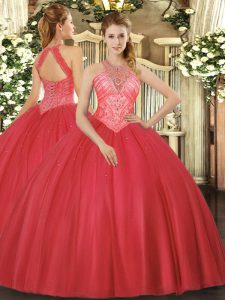 Luxurious Red Ball Gowns Tulle High-neck Sleeveless Beading Floor Length Lace Up Vestidos de Quinceanera