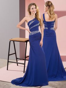 Exquisite Beading Prom Gown Blue Lace Up Sleeveless Floor Length Sweep Train