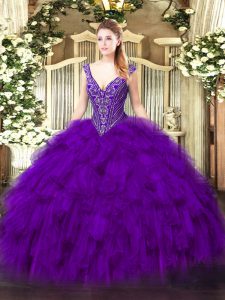 Flirting Floor Length Purple 15 Quinceanera Dress V-neck Sleeveless Lace Up