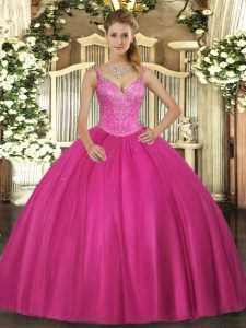 Stunning Tulle V-neck Sleeveless Lace Up Beading Sweet 16 Dresses in Fuchsia