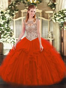 Most Popular Red Sweet 16 Dress Military Ball and Sweet 16 and Quinceanera with Beading and Ruffles Scoop Sleeveless Lace Up