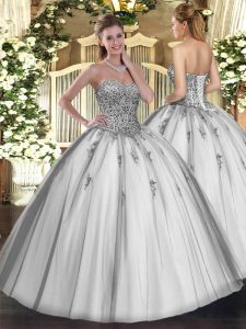 Sweetheart Sleeveless Quinceanera Gowns Floor Length Beading and Appliques Grey Tulle